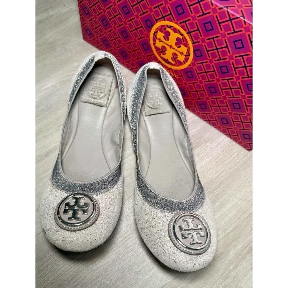 Tory Burch Ballet Flats White Glitter Embellished Logo Women Size 8M